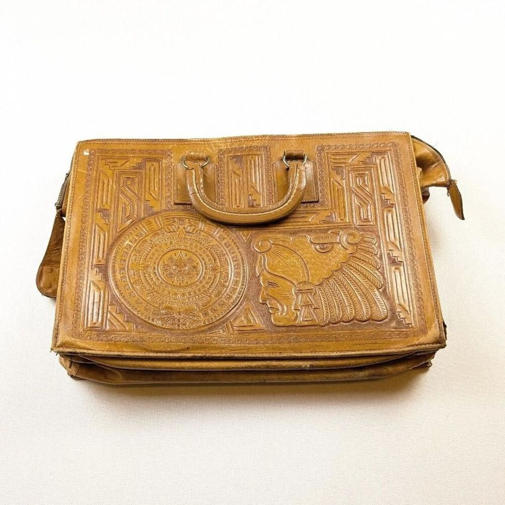 Vintage 1960s Mexican Hand Tooled Leather Briefcase Handbag Aztec
